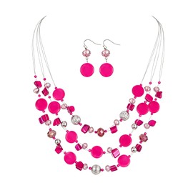 Aenu Multi-Strand Shell Beaded Statement Necklace and Earrings for Women Colorful Chunky Beads 3 Layered Choker Costume Collar Jewelry Sets for Gifts (Hot Pink)