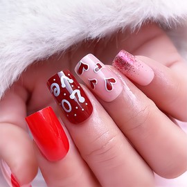 Valentine's Day Glitter Press on Nails Medium Square Fake Nails Red Love Heart Design Stick On Nails Glue On Nails for Valentine Gift Wine Red Nude Color French False Nails for Women and Girls 24Pcs