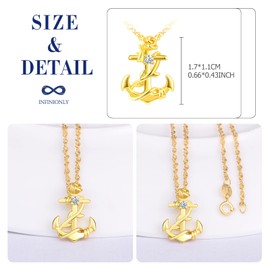 INFINIONLY Necklace Chains and Earrings for Women and Girls, 925 Silver Anchor Jewellery Sets, Anchor Necklace Pendant, Anchor Earrings Studs, Anchor Interwoven with Roses, Zirconia, Gold, Sterling
