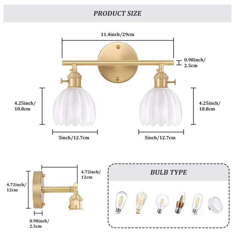 Shenmoyl Bathroom Light Fixtures, 2-Light Brass Vanity Wall Light Over