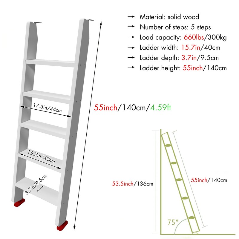 50" 55" 60" White Wood Bunk Bed Ladder, Lofted/Dorm/RV Bed