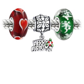 Set Of 3 Word Merry Christmas Snowflake Hearts .925 Sterling Silver Charm Bead Bundle For Teen For Women Fits European Bracelet