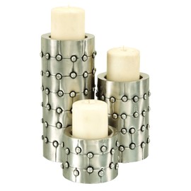 Deco 79 Industrial Metal Cylinder Candle Holder, Set of 3 11", 7", 4"H, Silver