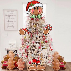 Auirre Gingerbread Man Christmas Tree Topper Head Arms and Legs, Xmas Peppermint Candy Santa Hat Decorative Tree Ornaments Decor, Holiday Indoor Home Decorations Party Supplies