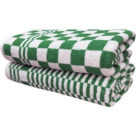 Haven Basics Premium Cotton Bath Towels - Pack of 2, 550 GSM Made of 100% Ring Spun Cotton, Super Soft and Absorbent, 27 x 54 Inches, Green and White Checkered Bath Towels.
