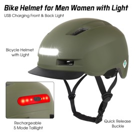 Shinmax Casco de Bicicleta para Hombres y Mujeres, Casco de Bicicleta con Luces LED Recargables USB Delanteras y Traseras, Casco de Bicicleta con Visera Ajustable y Extraíble para Viajeros Urbanos