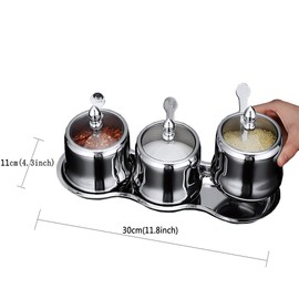 Tenta Tenta Kitchen 18/8 Stainless Steel Seasoning Box Condiment Jar Set Spice Jar Spice Rack Condiment Cruet Bottle Salt Pepper Sugar Storage Organizers with 3 Serving Spoons (Glass Lids)