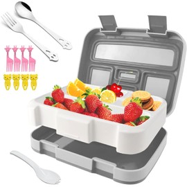 Fiambrera Bento, fiambrera para estudiantes, fiambrera para niños, 5 divisiones, con tenedor y cuchara de acero inoxidable, tenedor de fruta, adecuada para niños y adultos (Gris)