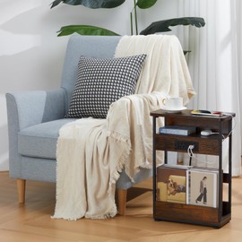 Narrow Side Table With Charging Station, 3-Tier End Table with 2 USB Ports & Power Outlets,Thin Sofa Side Table for Narrow and Small Spaces, Bedside Table Nightstand for Living Room/Rustic Brown