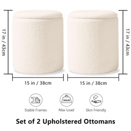 Ottoman Poufs with Storage, Set of 2 Soft Upholstered Vanity Stool,Multifunctional Ottomans Coffee Table Padded Seat Foot Rest for Living (White, Round)