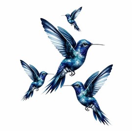 x4 Blue Humming Bird Stickers for Wall Decor, Covering Marks, Mugs & Cups, Car Bumpers, Shower & Tile, Toilets, Laptop & More, Hardwearing Waterproof 0% Transparency (x4 Blue, A5)