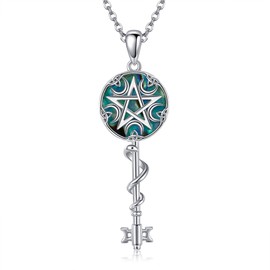 ONEFINITY Pentagram Chain 925 Sterling Silver Pentagram Key Pendant Pagan Wicca Necklace Pentacle Jewellery Gifts for Women, Sterling Silver, Simulated Abalone