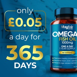 Omega 3 1000mg Capsules - 365 Fish Oil Tablets with EPA & DHA - One a Day - Supports Heart, Vision, & Brain Health - 1 Year Supply - Made in UK