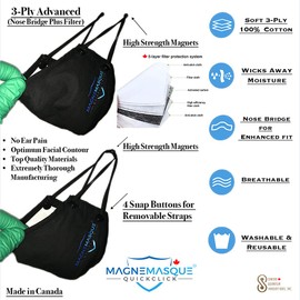 MAGNEMASQUE™ 3-PLY ADVANCED EAR-FREE FACE MASK LOT – Large Size Earless Magnetic Straps, Washable, Reusable, Breathable