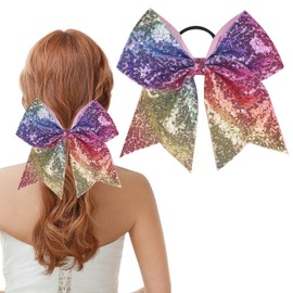Totelux Colorful Sequins Bows Hair Ties 8’’ Large Cheer Bow Ponytail Holder Bowknot Ribbon Rubber Bands Glitter Hair Accessories for Women Girls Kids Teens Sport Party Favor