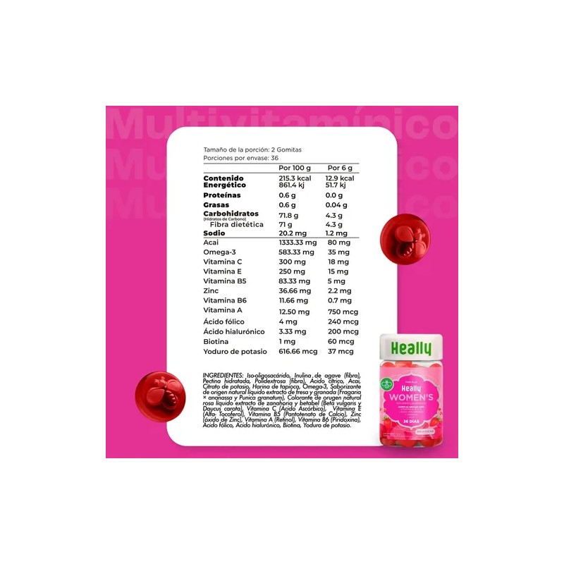 Heally Women Multivitamínico Mujer Gomitas Azúcar Omega Ácido Hialurónico Acaí