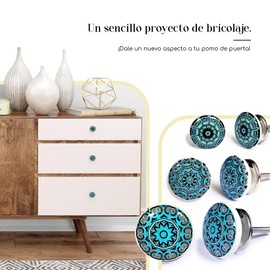 Set of 10 Ceramic Knobs with Floral Mosaic Patterns in Shades of Blue Hand Painted Handmade Handles for Cupboards, Drawers, Dressers and Hangers Classic Knobs 40mm Diameter