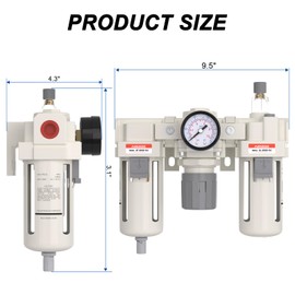AIRZOE 1/2” NPT Air Compressor Filter, Regulator and Lubricator Combos FRL - Water Oil Trap Separator AC4000-04, 5 Micron Brass Element, Semi-Auto Drain, 0-150 psi Gauge