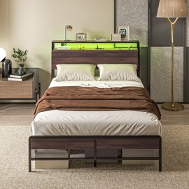 HOMCOM Full Size Bed Frame with Headboard, Platform Bed Frame with LED Lights, Charging Station, 3-Tier Storage Shelf, Steel Slats, Easy Assembly & Noise-Free with No Box Spring Needed, Walnut
