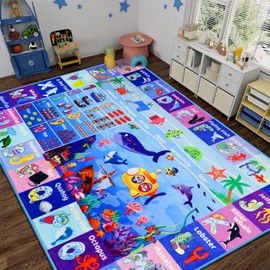 DINSUMRUG ABC Kids Rug for Playroom 59"×39.4" Ocean Rug Baby Play Mat Alphabet Rug Sea Animal Number Shape Classroom Rug Kids Playroom Rug Early Learning Carpet for Preschool Toddlers