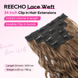 REECHO Curly Hair Extensions, 4PCS 24 inch Clip in Hair Extensions Lace Weft Short Curly Extensions Clip Ins Invisible Natural Hairpieces for Women, Light Brown