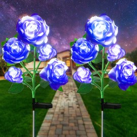 10 LED 7-Color Changing Solar Rose Flower Lights Garden Decorations Outdoor Waterproof Decorative Stake Lights for Patio Pathway Yard Lawn Decor(2 PCS Blue)