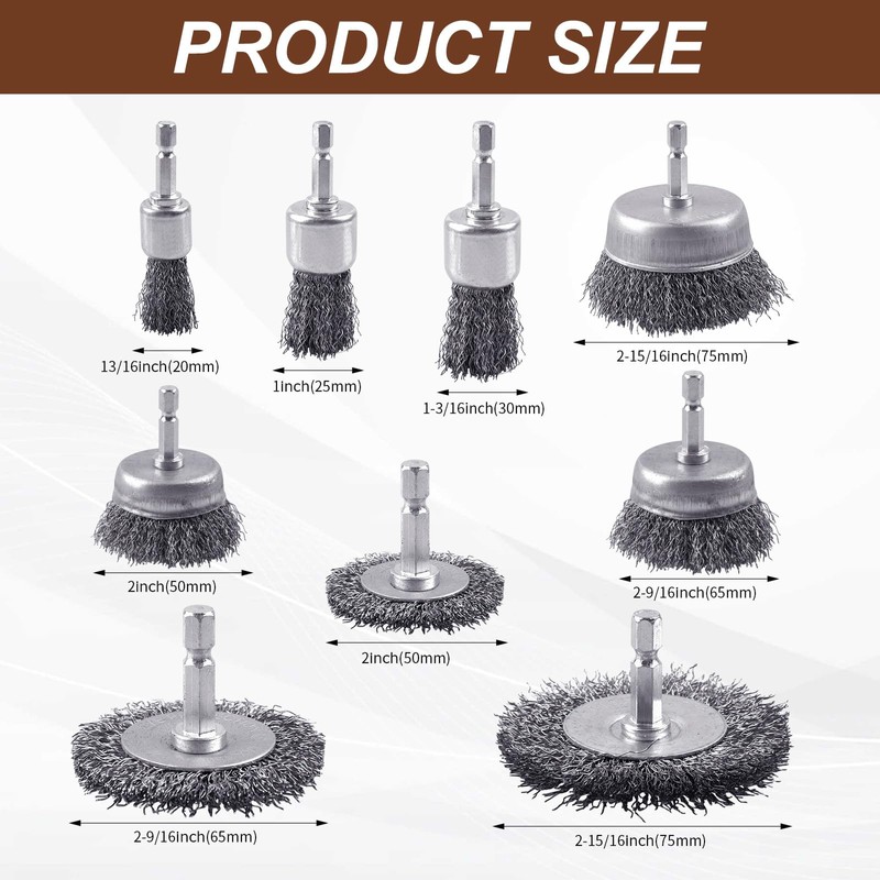 AOKLIT 9 Pack Carbon Steel Drill Wire Brush, 1/4-Inch Hex