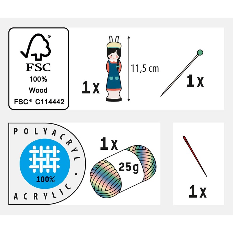folia 24919 Knitting Dolly with Wool, Wooden Knitting Needle and