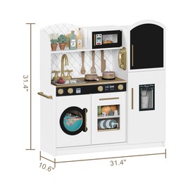 Treocho Play Kitchen for Kids, Wooden Toddler Kitchen Set with Storage, Modren Design Toy Kitchen with Faucet&Sink, Stove, Chalkboard, Icemaker and Various Accessories for Kids Ages 3+, White