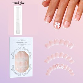 French False Nails - 24Pcs Square French Fake Nails with Elegant White Bow - Press on Nails with Glue - Stick on Nails - Glossy Stick on Nails with Nail Glue for Women Girls Nail Art