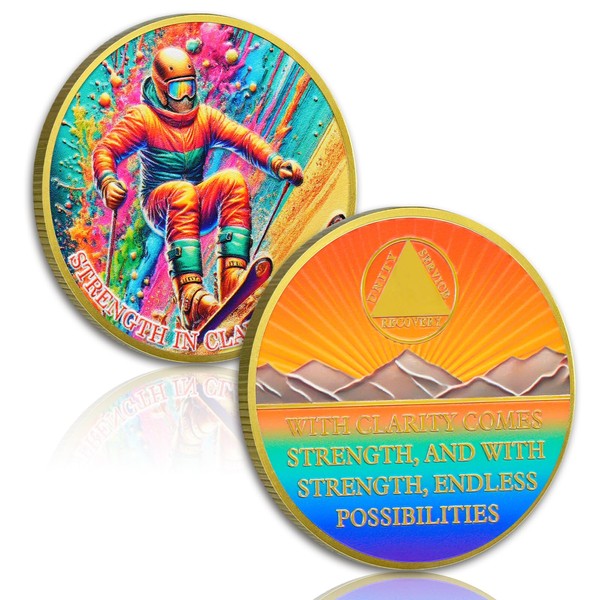 Skiing Sobriety Coin, Strength in Clarity AA Medallion - Inspirational