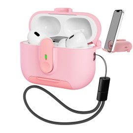 MHYALUDO AirPods Pro 2 Case with Lock & Military-Grade Drop Protection, Charging Port Dust-Proof Stand, Lanyard & Scratch-Resistant Cover for AirPods Pro 2nd Generation with LED Visible,Pink
