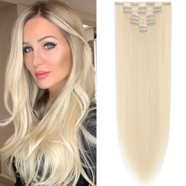 S-noilite Ombre Dip-dye Color 8 Piece Full Head Clip in Hair Extension 26 Inches 66cm Length Bleach Blonde Curly New Synthetic Anti-tangle for Dreamlike Girls 26in Straight-613 Blonde