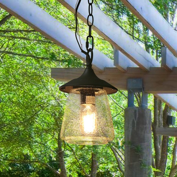 LOG BARN Outdoor Pendant Lights, Porch Fixture in Painted Black Metal with Clear Bubbled Glass Globe, Hanging Lantern Lamp for Gazebo, Entry, Yard