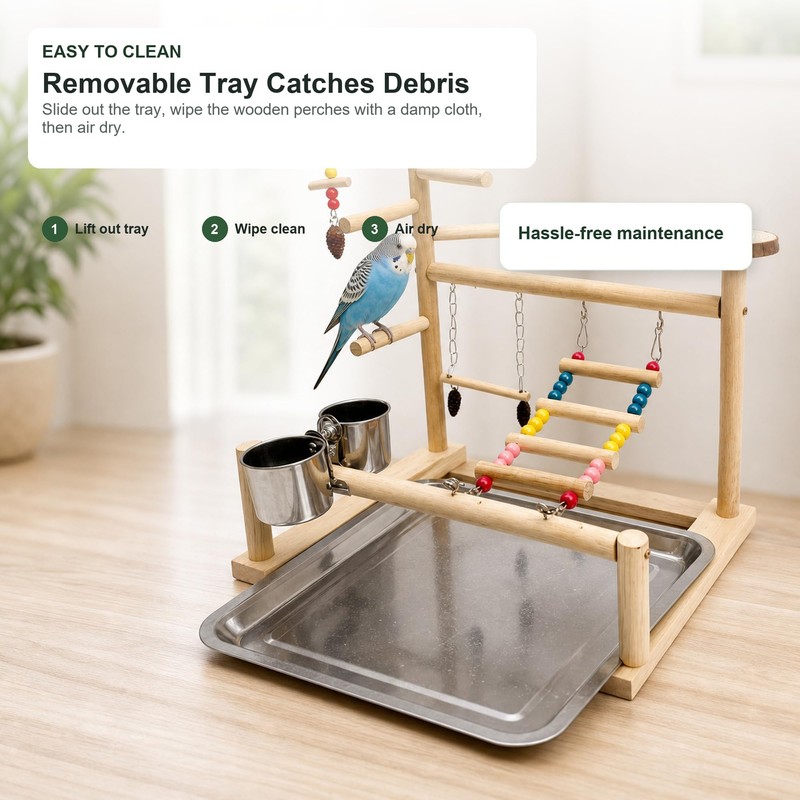 Bird Playground Natural Wood Parrot Stand with Ladder Swing Food