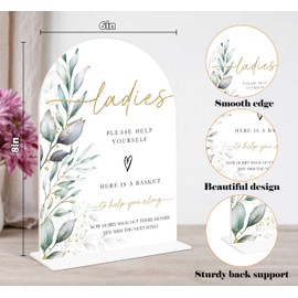 Acrylic Wedding Signs, Greenery Theme Ladies Please Help Yourself Sign, Bridal Shower Table Decor with Stand, Wedding Bathroom Basket Supplies for Engagement, Anniversary, Newlywed Event and Party, 07
