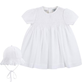 Carriage Boutique White Dress Hand Smocked Yoke with Embroidered Flowers Short Sleeves and Knee Length W/Bonnet
