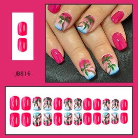 24Pcs Short Summer Press on Nails Coconut Tree Fake Nails Glossy Acrylic Nails Square Shape Glue on Nails Tropical Palm Tree False Nails Cute Artificial Nails Short Length Stick on Nails for Women