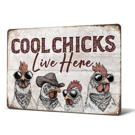 Heuhuww Chicken Coop Decor Cool Chicks Live Here Tin Sign for Farm Home Chicken Coop Vintage Rooster Decor 12" x 8"(H3)