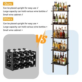 YMYNY 5-Tier Freestanding Wine Racks，Liquor Bottle Display Shelf with Fences, Wall Mounted Floating Shelf Storage Stand for Kitchen, Dining Room, 16.93" L x 7.87" W x 69.68" H Black UHWR001B