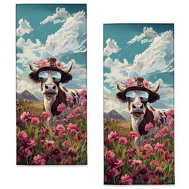 Bidesk Stylish Cow Hand Towels, 2 Pack Microfiber Funny Cow with Hat in Flower Field Towel Set for Kitchen Bath Spa Sport, 14.5"×28", Bathroom Absorbent Decoration Hand Towel for Hotel Gym Beach