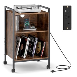 LOKO Record Player Stand with Charging Station, 3-Tier Vinyl Turntable Stand On Wheels with Open Shelves, Metal Dividers, Industrial End Table Turntable Holder for Bedroom, Living Room