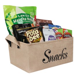 SIGOMAY Snack Storage Bin for Pantry, Burlap Snack Basket Organizer, Snack Containers for Countertop with Handles for Chips, Candy, Popcorn, Pretzels, and Movie Night