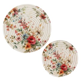 Msyxl Watercolor Romantic Floral Trivets for Hot Dishes, Hot Pots and Pans, Cotton Woven Pot Holders for Kitchen Countertops, Table, 2 Pcs Heat Resistant Hot Pads, 7"+9.5"