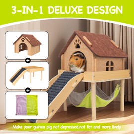 BESNEW 3 in 1 Enlarged Guinea Pig Hammock,Wooden Guinea Pig Hideout with House & Platform & Stairs Small Animal Toys for Hiding Sleeping Activities