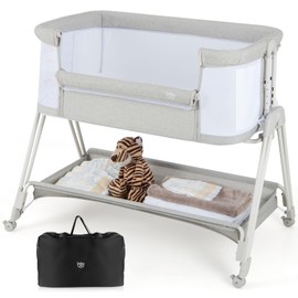 BABY JOY Bassinet Bedside Sleeper, Easy Folding Baby Crib w/All-Side Mesh, Storage Shelf, 7 Adjustable Heights, Mattress & Travel Bag for Safe Co-Sleeping, Portable Baby Bed for Newborn Infant -Gray