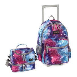 Tilami Rolling Backpack 18 inch Double Handle with Lunch Bag Wheeled Kids Backpack, Galaxy