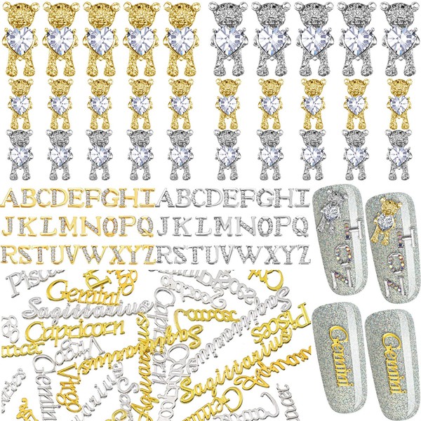 130 Pieces Nail Charms Gold Silver Nail Charm Studs Capital Letters for Nail 3D Cute Rhinestone Bear Nails with Heart Shiny Charms and Heart Gems 48 Constellation Nail Charm for Women Girls DIY