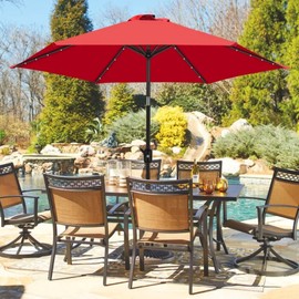 Rose Red Shade Patio Umbrella with Solar Lights, 90'' Size Hexagonal Canopy Shape Lighted, Beautiful, Gorgeous, Weight: 11.79, Durable, UV and Water Resistant | All Season Crank Lift Tilt Push Button