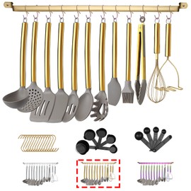 38 Piece Silicone kitchen Cooking Utensils Set with Utensil Rack, Silicone Head and Stainless Steel Handle Cookware, Kitchen Tools for Utensil Sets, Non-Stick kitchen Gadgets, Dishwasher Safe (Gold)